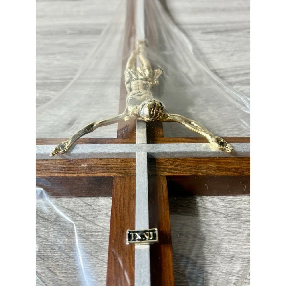 Vintage Wooden Crucifix w/Metal Inlays & Jesus Christ 16